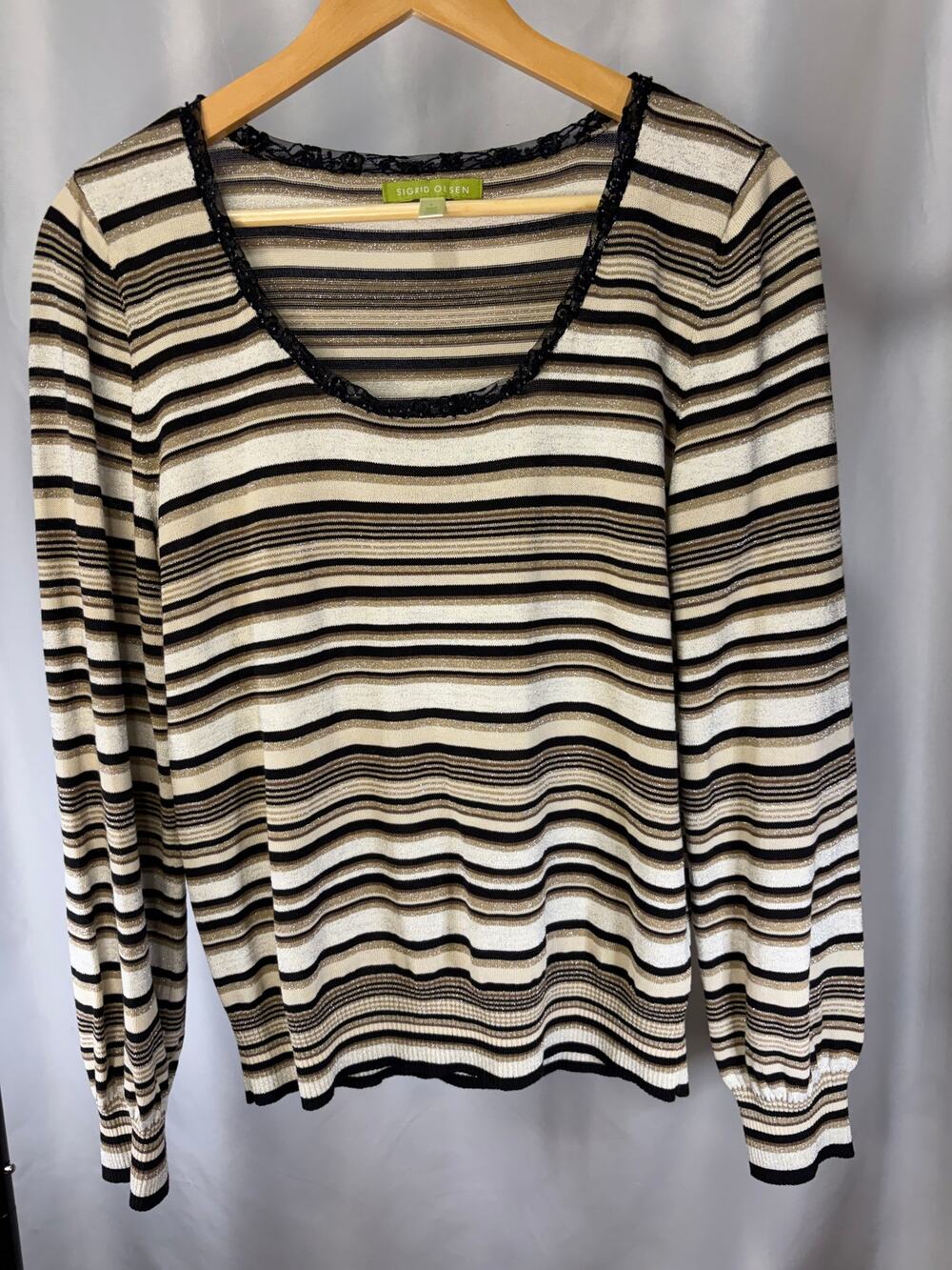Sigrid Olsen Women’s Large Striped Metallic Knit Top Lace Trim Long Sleeve